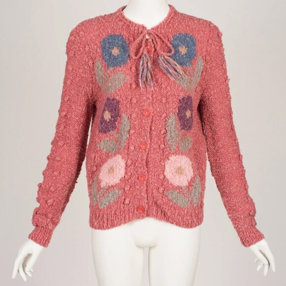 Sweaters - 1970s Vintage Floral Intarsia Pink Nubby Wool Tassel Cardigan Sweater Sz M